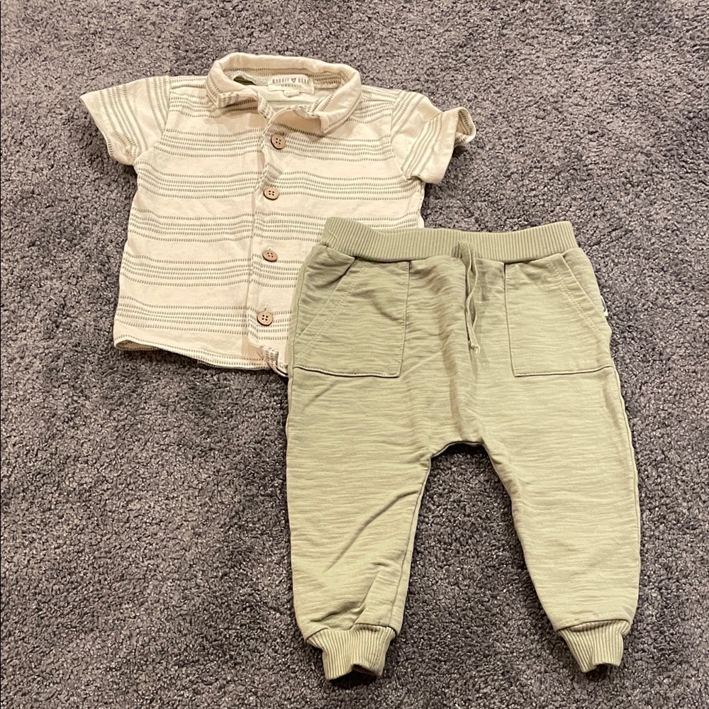 12M Boys Rabbit + Bear collared button down and green joggers